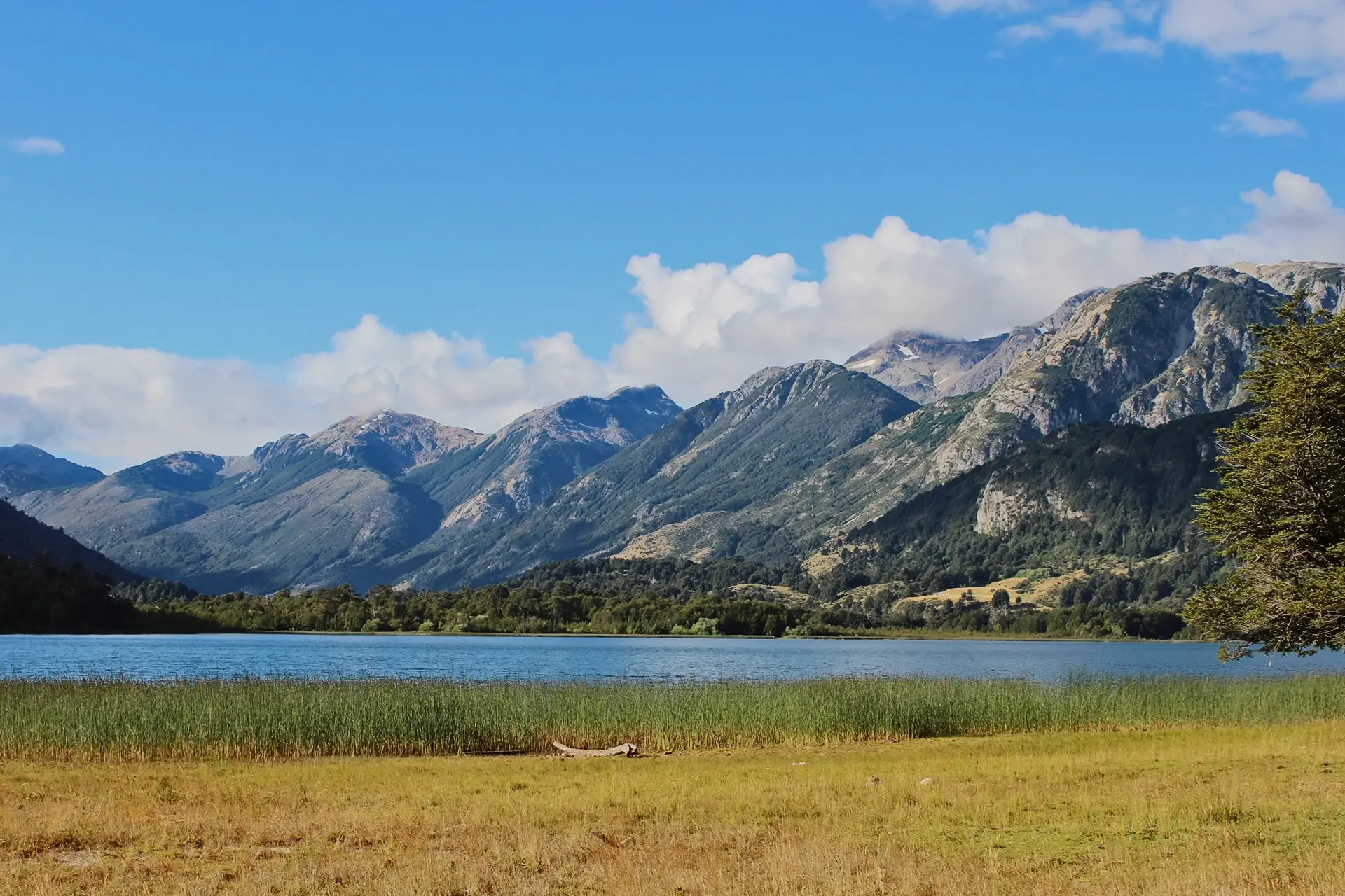 Paisaje del sur de Chile: lago, valle y cordillera